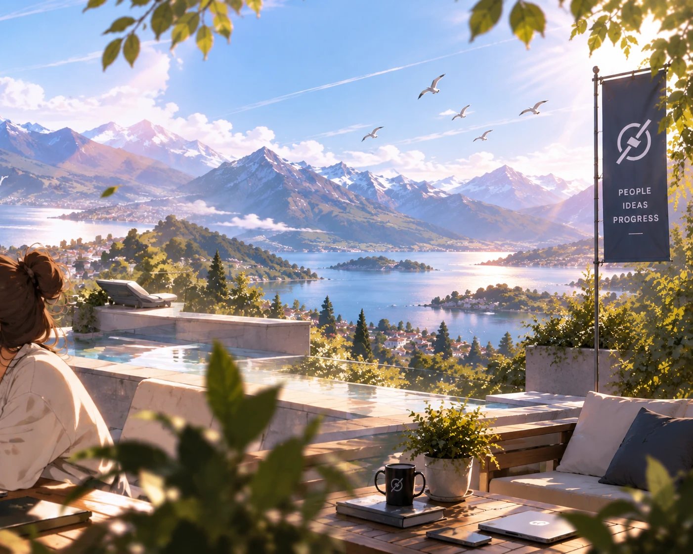 The same illustrated terrace continuing to the right, with a pool and lounge seating
